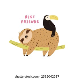 Vector illustration of cute sloth character resting on a tree branch with toucan friend. Perfect for prints. stickers, greeting cards