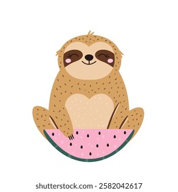 Vector illustration of cute sloth character sitting with juicy watermelon slice. Perfect for prints. stickers, greeting cards