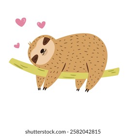 Vector illustration of cute sloth character resting on a tree branch. Perfect for prints. stickers, greeting cards