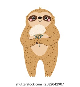 Vector illustration of cute sloth character holding flowers. Perfect for prints. stickers, greeting cards