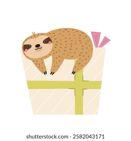 Vector illustration of cute sloth character resting on a gift box. Perfect for prints. stickers, greeting cards