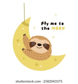 Vector illustration of cute sloth character hanging on a moon. Perfect for prints. stickers, greeting cards