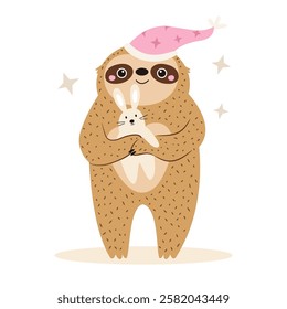 Vector illustration of cute sloth character in a sleeping hat holding toy rabbit. Perfect for prints. stickers, greeting cards