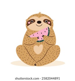 Vector illustration of cute sloth character sitting with juicy watermelon slice. Perfect for prints. stickers, greeting cards