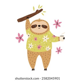 Vector illustration of cute sloth character hanging on the branch with coffee cup. Perfect for prints. stickers, greeting cards