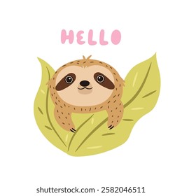 Vector illustration of cute sloth character looking through palm leaves. Perfect for prints. stickers, greeting cards