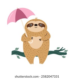 Vector illustration of cute sloth character sitting on a tree branch with umbrella. Perfect for prints. stickers, greeting cards