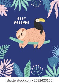 Vector illustration of cute sloth character in a rainforest. Perfect for prints. stickers, greeting cards