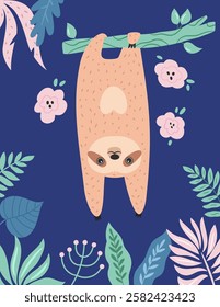 Vector illustration of cute sloth character in a rainforest. Perfect for prints. stickers, greeting cards