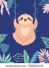 Vector illustration of cute sloth character in a rainforest. Perfect for prints. stickers, greeting cards