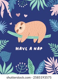 Vector illustration of cute sloth character in a rainforest. Perfect for prints. stickers, greeting cards