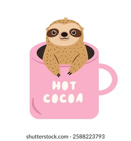 Vector illustration of cute sloth character sitting in a cup. Perfect for prints. stickers, greeting cards