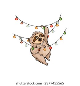 Vector illustration of a cute sloth in a Christmas costume. Christmas print of an exotic animal. logo a label, a blank for a designer