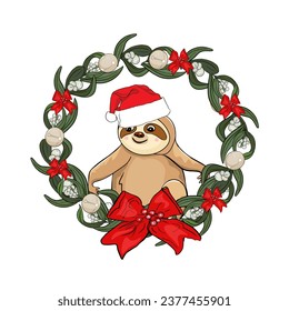 Vector illustration of a cute sloth in a Christmas costume. Christmas print of an exotic animal. logo a label, a blank for a designer