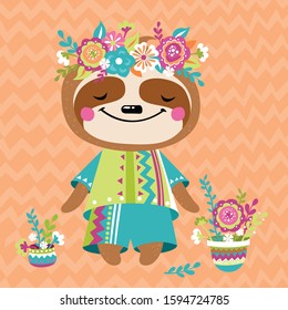 Vector illustration of a cute sloth, with flowers, wreath, vases with flowers