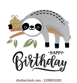 Vector illustration of a cute sloth. Greetings postcard, card, invitation, poster, banner template.