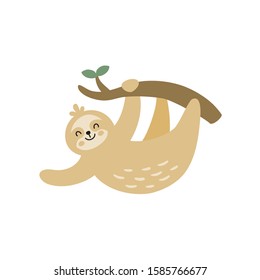 vector illustration of a cute sloth hanging on a branch