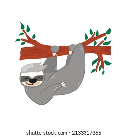 Vector illustration with a cute sloth hanging on a tree, cute animal, cartoon-style children's illustration, for fabrics, postcards, posters, clothes.