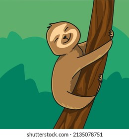 vector illustration of a cute sloth hanging from a tree in the forest