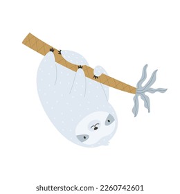 Vector illustration of a cute sloth hanging on a tree. Funny tropical animal character, mascot isolated on white background.