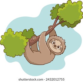 Vector illustration of cute sloth hanging on a tree branch.