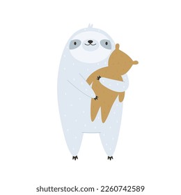 Vector illustration of a cute sloth holding a toy teddy bear. Cute mascot, animal character isolated on white background