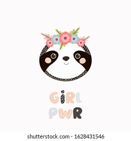 Vector illustration with cute sloth.  Lettering quote - Girl power.