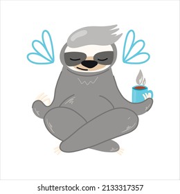 Vector illustration with a cute sloth in the lotus position, meditation, rest, relax, cute animal, cartoon-style children's illustration, for fabrics, postcards, posters, clothes.