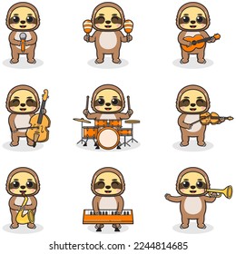 Vector Illustration of Cute Sloth playing music instruments. Set of cute Sloth characters. Cartoon animal play music. Animals musicians.