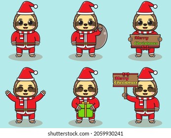 Vector illustration of cute Sloth Santa mascot or character. Christmas design element. Vector illustration isolated on light blue background
