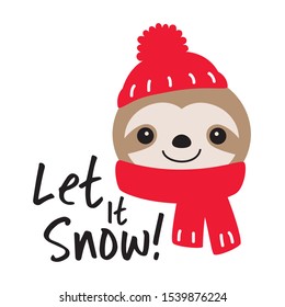 Vector illustration of cute sloth wearing red winter hat and scarf. Christmas holiday sloth.