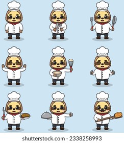 Vector Illustration of Cute Sloth wearing chef uniform. Flat Cartoon Style. Set of Cute Animal Characters in Chef Uniform. Vector illustration in isolated background