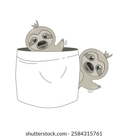 Vector illustration of cute sloths in a pocket on a white background.