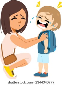 Vector illustration of cute small boy crying on first day of school. Mother consoling little son