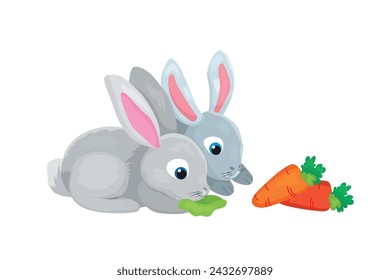 Vector illustration of cute small gray bunnies loading cabbage and carrots