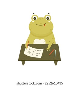 Vektorgrafik eines süßen intelligenten Frosches, der Hausaufgaben macht. Funny lernt Toad-Charakter