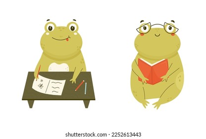 Vector illustration of a cute smart frogs reading and doing a homework. Funny studying toad characters