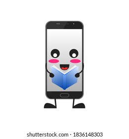 vector illustration of cute smartphone mascot or character reading book. cute smartphone Concept White Isolated. Flat Cartoon Style Suitable for Landing Page, Banner, Flyer, Sticker.