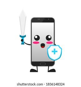 vector illustration of cute smartphone mascot or character fighting with sword and shield. cute smartphone Concept White Isolated. Flat Cartoon Style Suitable for Landing Page, Banner, Flyer, Sticker.