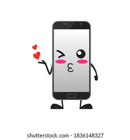 vector illustration of cute smartphone mascot or character give kiss love. cute smartphone Concept White Isolated. Flat Cartoon Style Suitable for Landing Page, Banner, Flyer, Sticker.