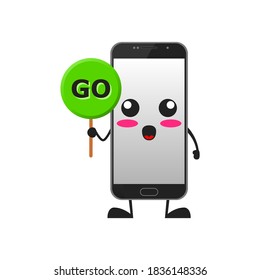 vector illustration of Cute smartphone mascot or character holding sign say go. cute smartphone Concept White Isolated. Flat Cartoon Style Suitable for Landing Page, Banner, Flyer, Sticker.