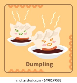 Vector illustration of cute smile face dumpling dipping soy sauce for eat.
