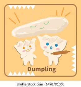 Vector illustration of cute smile face dumpling taking a rolling pin and kneading flour.