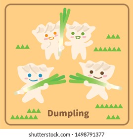 Vector illustration of cute smile face dumpling take green onion to playing.