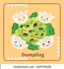 Vector illustration of cute smile face dumpling around vegetables stuffing.