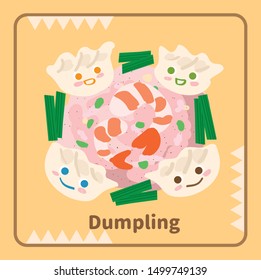 Vector illustration of cute smile face dumpling around shrimp and meat stuffing.