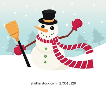 A vector illustration of a cute smiley snowman holding a broom and wearing a stripe scarf, mitten and hat in a winter landscape.