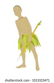 Vector illustration of a cute smiling african tribe boy with a spear. Cartoon style. Isolated on white background.