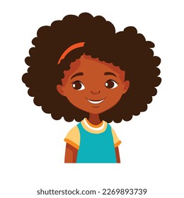 Ilustración vectorial linda sonriente niña afroamericana vestido de camisa azul con banda de pelo. Concepto de actividades deportivas de aprendizaje en la enseñanza primaria