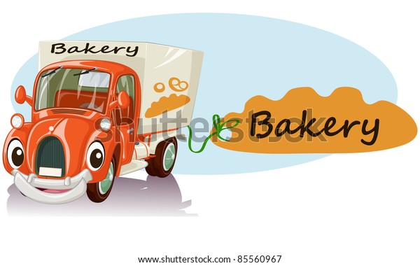 Vector illustration, cute smiling bakery car,\
cartoon concept, white\
background.